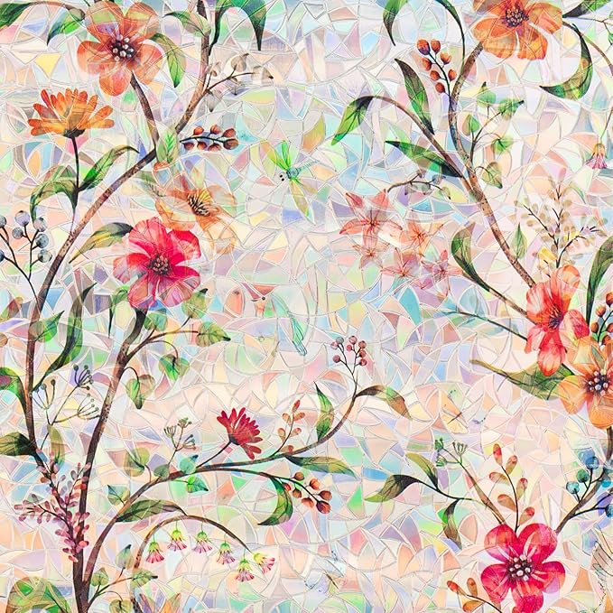 Stained Glass Window Film Static Cling Door Privacy Film Decorative Flowers Green Leaves Window Decals Stickers Heat Control Anti UV for Home and Office,35 inches by 157 inches