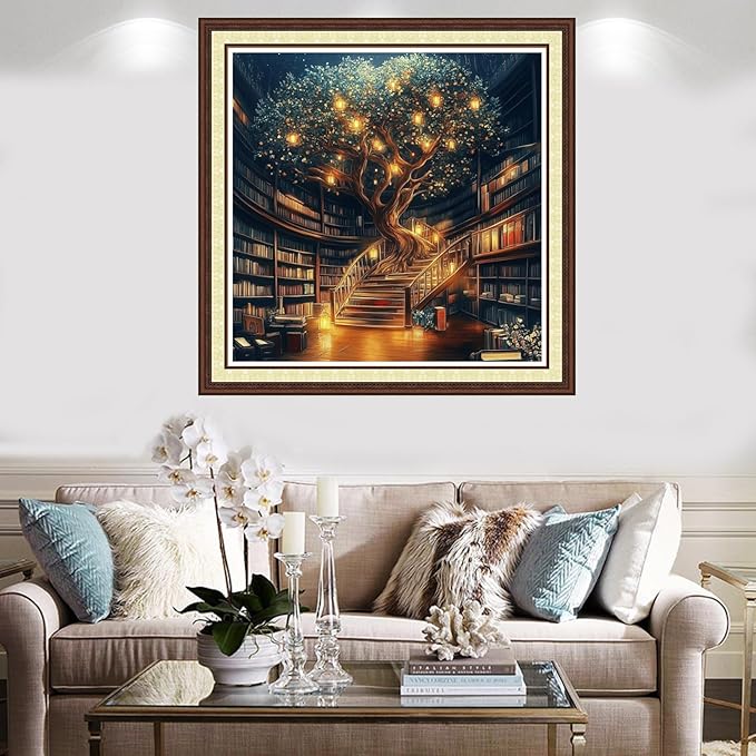 Findvoor Counted Cross Stitch Kits for Adults Full Range of Cross Stitching Embroidery Unprinted Pattern for Beginners, 11CT Needlepoint Kit Patterns Embroidery Kits-Magic Bookstore Tree 18x18inch