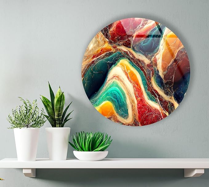My Photostation.com 24''(60cm) Diameter Colorful Marble Swirl Round Wall Art Abstract Glass Decor with Earthy Tones & Gemstone Texture