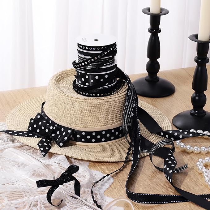 LaRibbons Black Ribbons for Crafts 6 Rolls Assorted Black Ribbons with Polka Dots, Glitter and Sequins for Gift Wrapping, DIY Crafts, Hair Bows, Sewing and Party Decorations, 30 Yards
