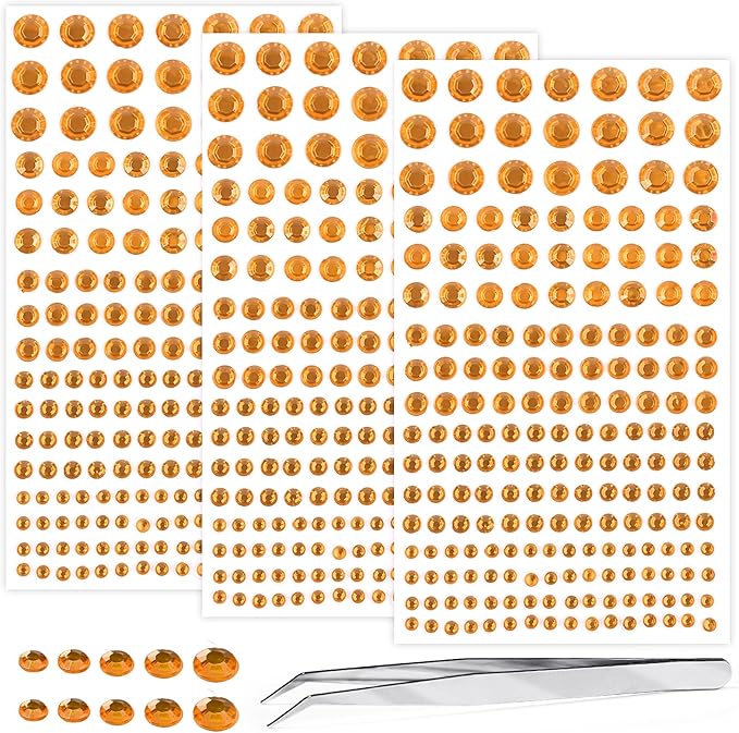 Self Adhesive Face Gems and Pearls for Makeup, Festival Jewels, Hair Gems Pearls, 3/4/5/6/8 mm Round Rhinestone Stickers for Face, Eye, Makeup, Body, Crafts 591Pcs (06_Orange)