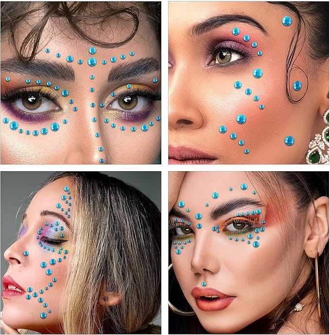 Self Adhesive Face Gems and Pearls for Makeup, Festival Jewels, Hair Gems Pearls, 3/4/5/6/8 mm Round Rhinestone Stickers for Face, Eye, Makeup, Body, Crafts 591Pcs (19_Aqua Blue)