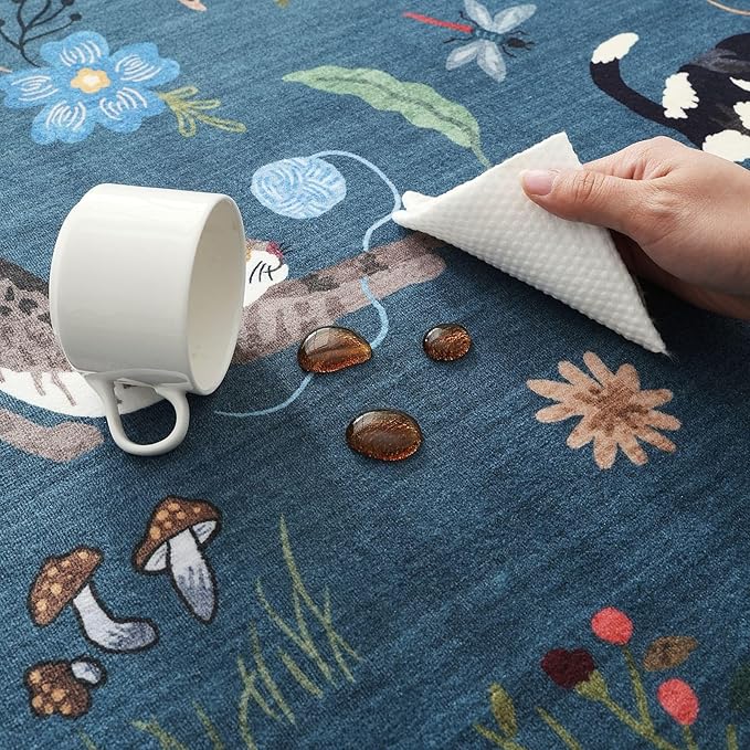 Rugcomf Door Mat Indoor Entrance 2x3 Rug Machine Washable Boho Floral Animal Cat Small Area Rug Non-Slip Low Pile Throw Rugs for Entryway Kitchen Front Door Indoor Entry Kids Room, Pearl Gentian Blue
