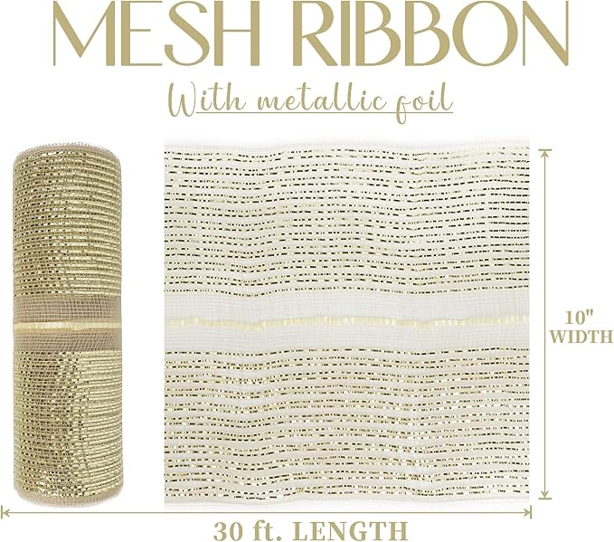 MEEDEE Champagne Deco Mesh 10 Inch Deluxe Wide Foil Metallic Pull Up Mesh Champagne Gold Mesh Ribbon for Christmas Tree, Wreaths, Garland, Gift Wrapping, Bows Making (30 Feet)