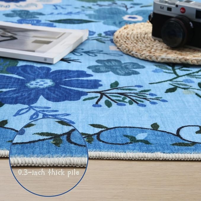 Rugcomf Bedroom Rug 3x5 Rug Washable Area Rug Non Slip Low Pile Boho Floral Small Carpet for Bedroom, Bedside, Kitchen, Entryway, Kids Room, Office, College Dorm Essentials for Girls(Blue)