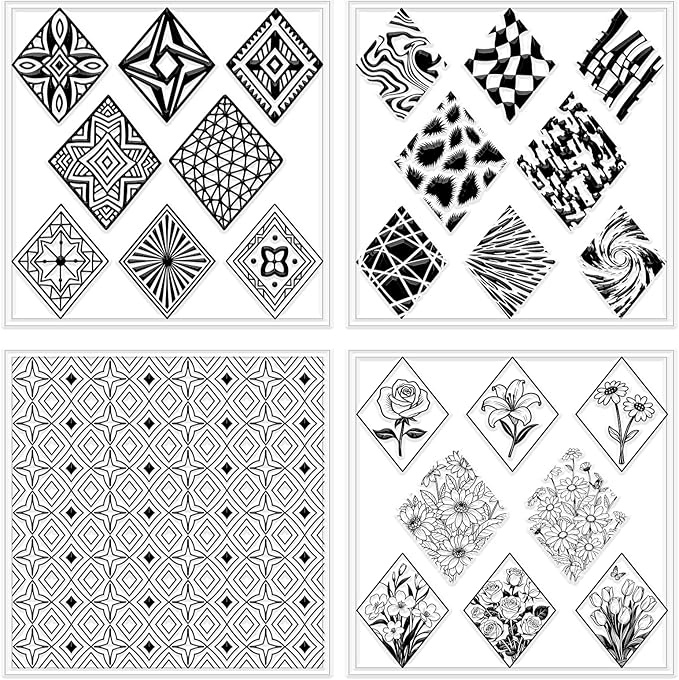 CHGCRAFT 4 Pcs Rhombus Pattern Polymer Clay Texture Sheets Abstract Art Silicone Texture Stamp Rhombus Flowers Modeling Pattern Pad Sheets for Jewelry and Earrings Tools, 5.5x5.5 inch