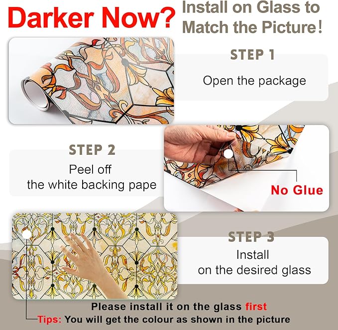 3D Stained Glass Window Privacy Film, Heat Control UV Blocking Static Cling Decorative Window Film for Bathroom,Front Door,Home Non Adhesive 16.9 x 39.3 inches Golden Filigree