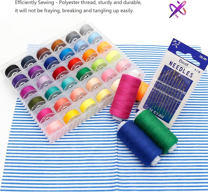 72Pcs Sewing Thread kit, 36 Assorted Colors Machine Threads with Spools, 36 Same Color Prewound Bobbins Threads Set, Polyester Thread for Hand and Sewing Machine