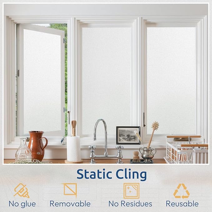 rabbitgoo Window Privacy Film, Non-Adhesive Frosted Glass Window Film for Bathroom, Static Cling Heat Blocking Stickers for Home Indoor Opaque Frosting Coverings House Tint, Matte White 11.8"x 78.7"