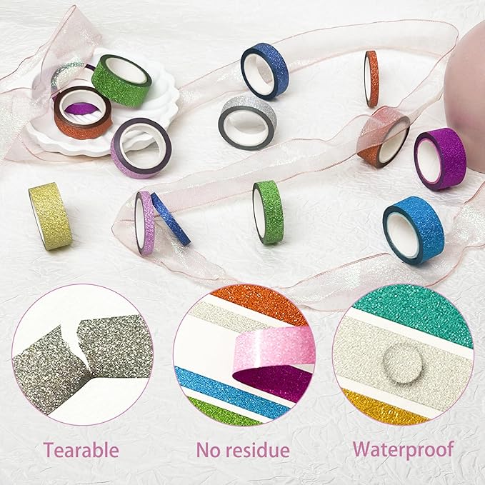 Funincloud Glitter Washi Tape Set Metallic Decorative Craft Tape 36 Rolls Colored Masking Tape for Scrapbook DIY Art Craft Supplies Gift Decor