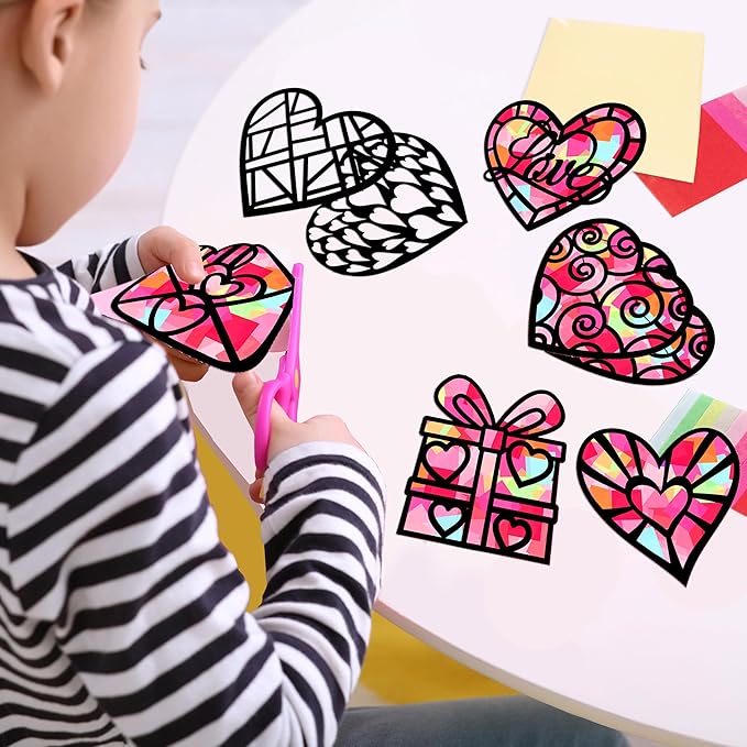 Renbuzhu 40PCS Valentines Day Crafts: Paper Heart Suncatchers, Valentine's Classroom DIY Kits, Window Stained Glass Effect Art Supplies