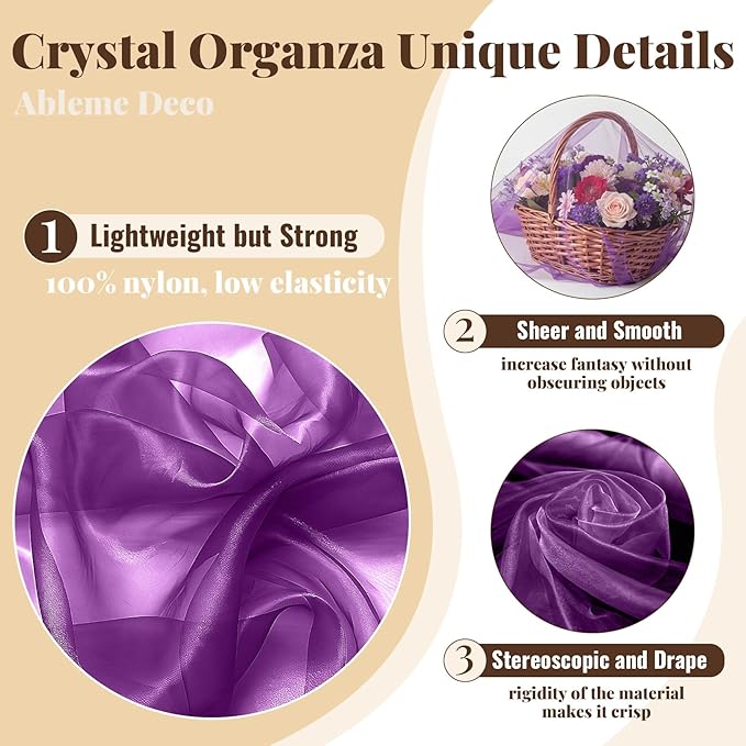 Sheer Fabric 60" x 1 Yards (3 ft) Organza Fabric by The Yard for DIY Wedding Decorations Craft Projects Party Backdrops Bows (Purple)