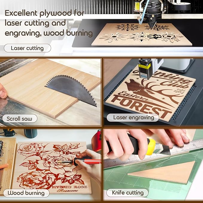 24 Pack 12x12x1/8 Inch Basswood Sheets, MAPRIAL Smooth 3mm Plywood for Laser Cutting, Unfinished Wood Board for Engraving, Wood Burning, Painting, Crafts, Ornaments, Models, Cutter, Engraver, Gifts