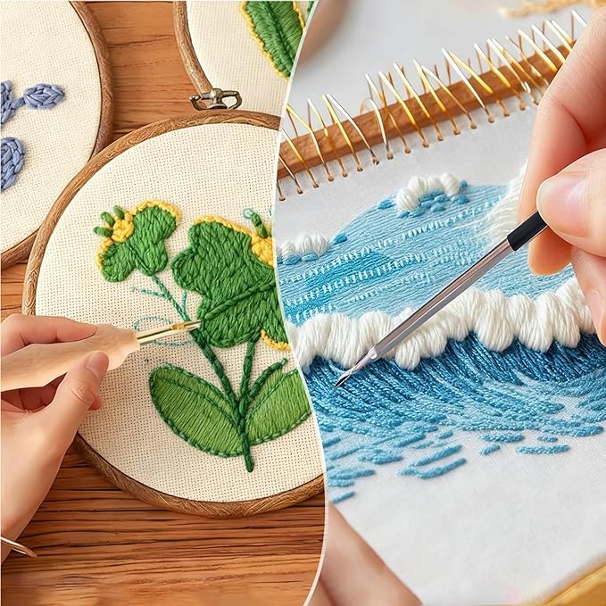 Punch Needle Kit, Adjustable Punch Needle Embroidery Kit Include Wooden Handle Embroidery Pen Set, Large Eye Needles, Punch Needle Cloth - Punch Needle Tool for Adult Beginners DIY Craft