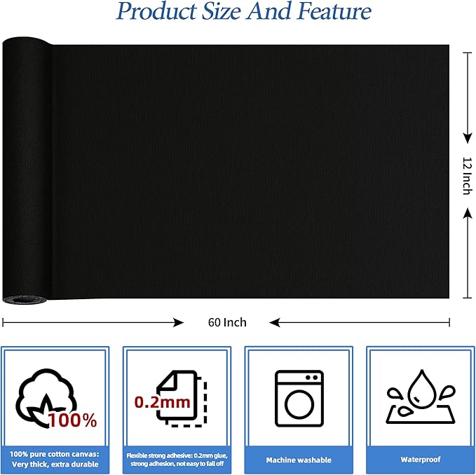 KING MOUNTAIN Canvas Iron on Patch,12"×60",Waterproof 100% Cotton Fabric Repair Patch,Used for Various Sofa,Tent,Clothes,Seats,Suitcases (Black,Waterproof)