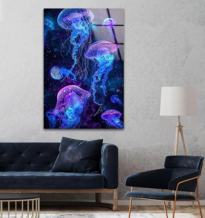 My Photostation.com 40WX60H'' Glowing Jellyfish Glass Wall Art Tempered Glass Printing Wall Decor Large Wall Art Wall Hangings
