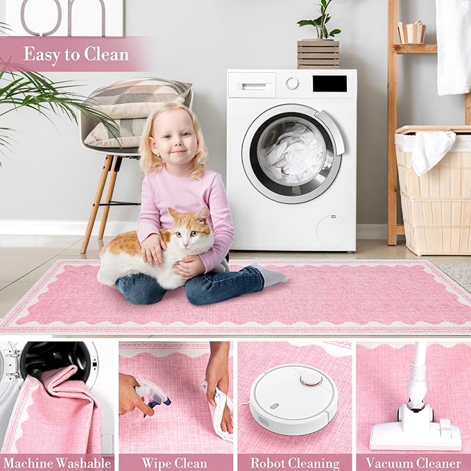 Scalloped Rug 2x3 Rugs for Entryway, Solid Pink Rug for Bedroom Girls, Small Washable Rugs Non Slip Scalloped Bath Mat, Front Door Mat Indoor Entrance, Soft Dorm Nursery Carpet for Kitchen
