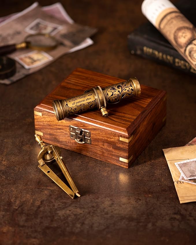 Antique Brass Kaleidoscope Gift for Kids and Adults, Vintage Collection for Birthday, Unique Gift Idea and Decor (with Stand, One)