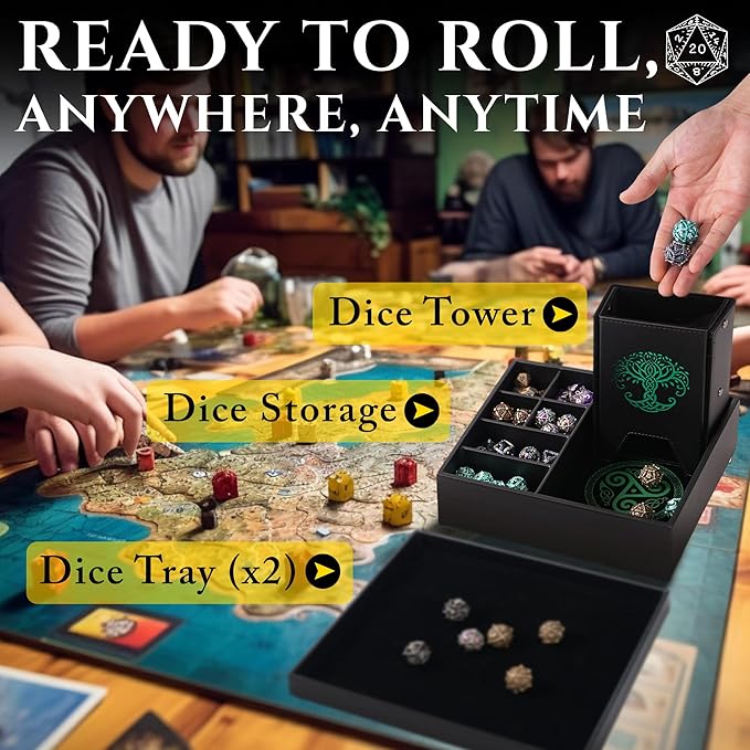 Dice Tray and Dice Tower for DND and RPG - All-in-One Game Roamer Tray & Large Tower for Random Rolls - Stores Your Sets, Mini's and More Compatible with D&D (Green Tree)
