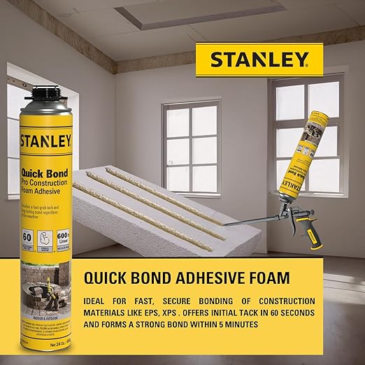 Stanley Quick Bond Adhesive Foam - 1x24oz, Reliable Bond Adhesive for Various Materials, Strong bonding, No Mixing, Gun Use, Including Gun, Cleaner | 1 Pack