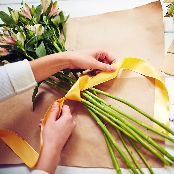 LIUYAXI Yellow Stain Ribbon, 1" X Continuous 50 Yards, Double Faced Fabric Ribbon Perfect for Gift Wrapping Wedding Birthday Party Chair Sash Christmas Hair Floral Craft Sewing