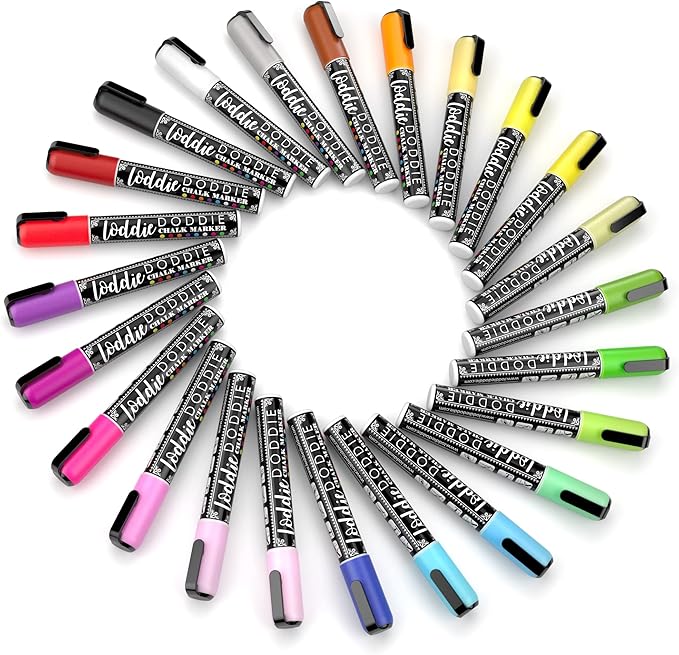 Loddie Doddie Chalk Markers - 24-Pack, 6mm Reversible Tips - Colored Chalk Pens for Art & Decor - Window Markers for Glass & Metal - Dry Erase Pens for Mirrors & More
