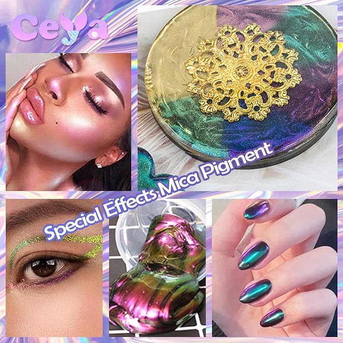 Ceya Highly Chameleon Mica Pigment, 1.8oz/ 50g Aurora Green Chrome Powder, Cosmetic Grade Pearlescent Effect Color Shift Pigment for Epoxy Resin, Makeup, Nail Polish, Soap Dye, Candle Making, Slime