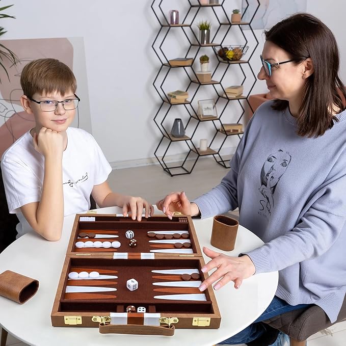 Backgammon Set 2 Players Classic Backgammon Sets for Adults Board Game with PU Leather Case Portable and Travel Backgammon Set (Retro Brown, 15inch)