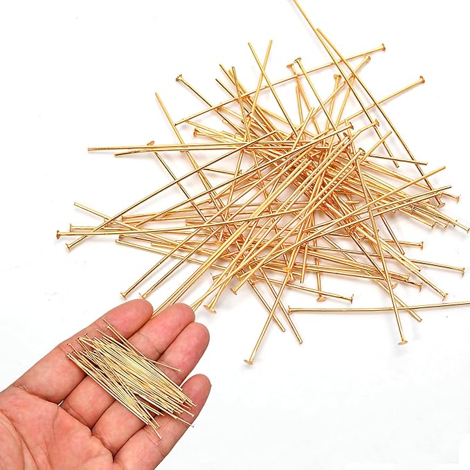 150pcs 18K Gold Filled Flat Head Pins Non Tarnish Craft Earring Bracelet Jewelry Making Accessories Supplies (30mm (1.18in), Gold-Flat Head Pin)