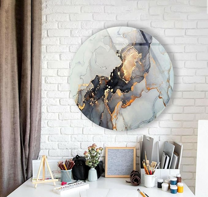 My Photostation.com 39,4''(100cm) Diameter Gold Details Gray Marble Round Glass Wall Art Tempered Glass Printing Wall Decor Large Wall Art Wall Hangings