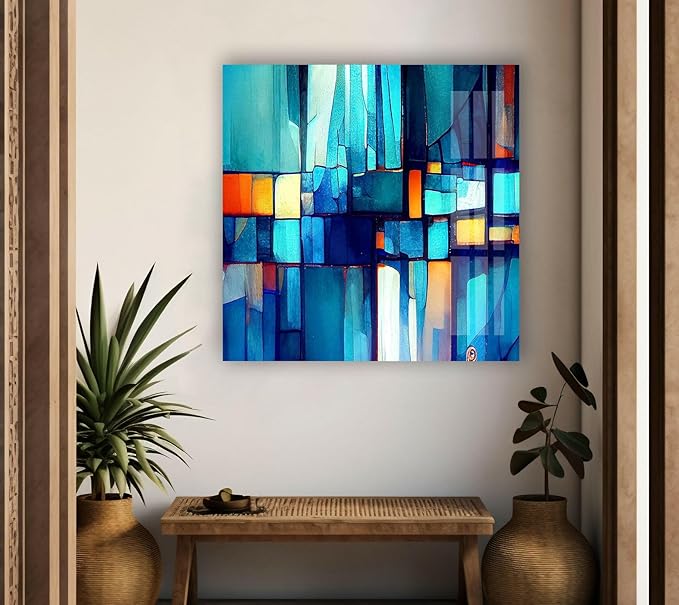 My Photostation.com 60WX40H'' Blue Vibrant Stained Glass Wall ArtTempered Glass Printing Wall Decor Large Wall Art Wall Hangings
