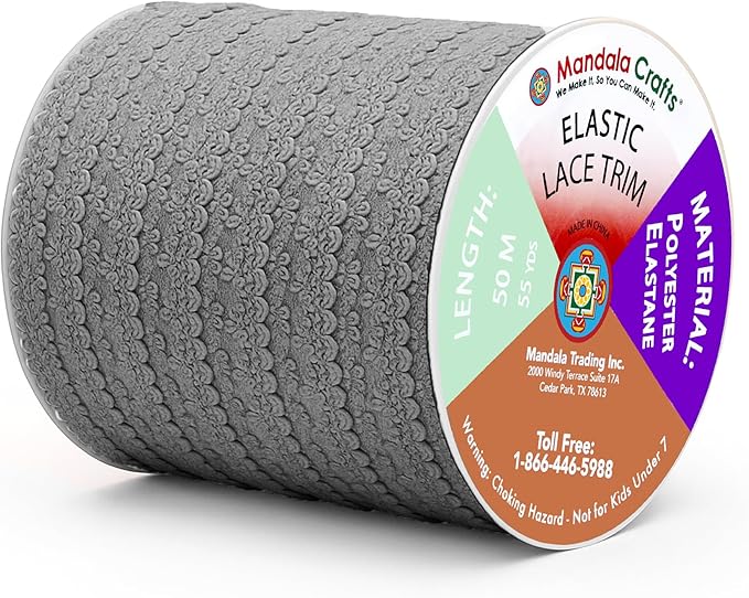 Mandala Crafts Charcoal Stretch Lace Soft Elastic Trim Roll - 55 Yards 1 Inch Wide Stretchy Frilly Picot Ribbon for Sewing Lingerie, Headbands, Underwear, and Crafts