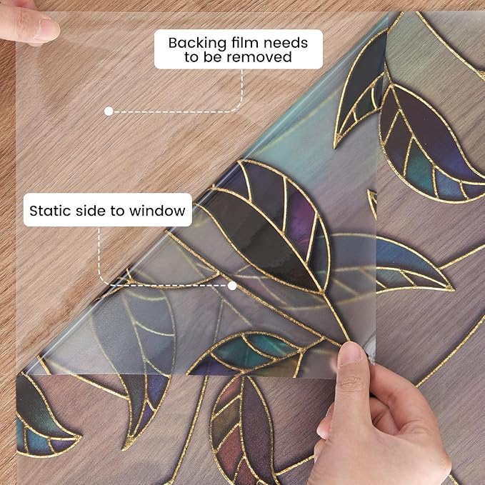 DKTIE Static Cling Decorative Window Film Vinyl Non Adhesive Privacy Film with Installation Kit, Multilayer UV Inkjet Technology, 3D Thickened Stained Film, Vintage Leaf Pattern, 35.4 x 78.7 Inches