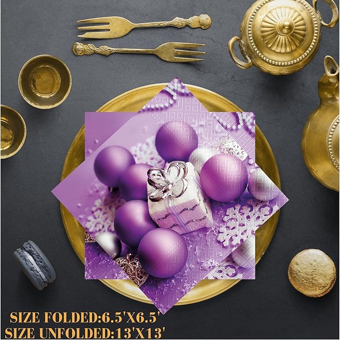 20-ct 13x13 Christmas Paper Decoupage Napkins, 3-Ply Servilletas Tissue Napkin for Dinner and Parties, Disposable Napkins (Lilac Xmas)