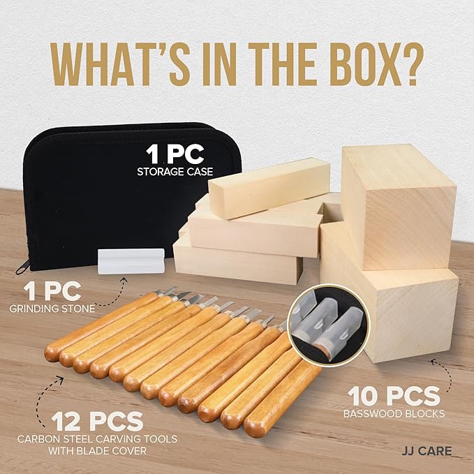 JJ CARE Wood Carving Kit [12 SK2 Wood Carving Knives with Case, 10 Basswood Carving Blocks, and 1 Grinding Stone] - Beginner Wood Carving Kit, Wood Carving Tools Set, Wood Carving Set for Kids