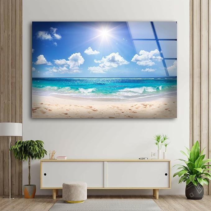 My Photostation.com 48Wx32H'' Summer Beach Landscape Glass Wall ArtTempered Glass Printing Wall Decor Large Wall Art Wall Hangings