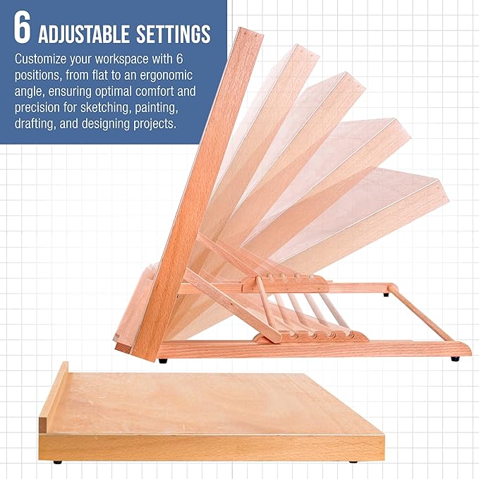U.S. Art Supply X-Large 25-5/8" x 19" (A2) Adjustable Wood Art Drawing Board - 6 Angles, Beechwood Construction, Pencil Ledge, Locking Storage Drawer - Perfect for Design, Drafting & Architecture