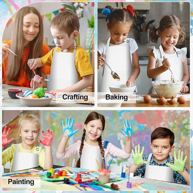 PLULON 6 Pcs Kids Apron Adjustable White Chef Apron with 2 Pockets Painting Aprons for Kids Cooking Baking Crafts (White)