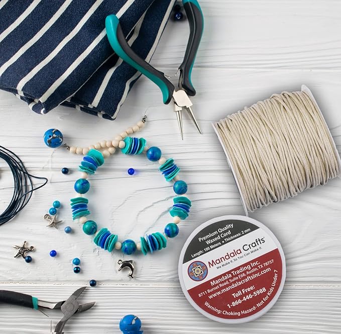 Mandala Crafts 2mm 109 Yards Navy Blue Cotton Waxed Cord for Jewelry Making Bracelet Cord Waxed String - Beading String Thread Jewelry Cords for Necklaces String