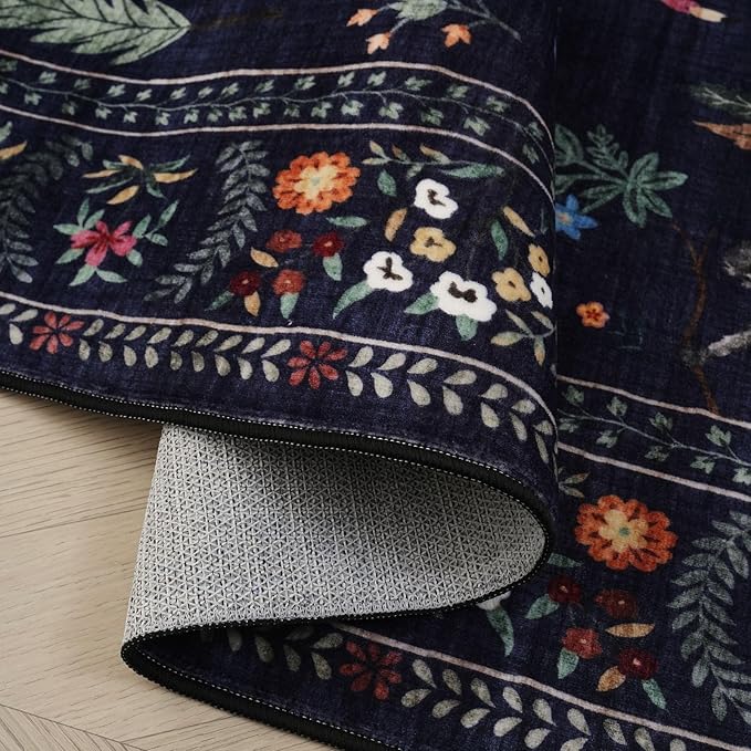 Rugcomf Runner Rug for Kitchen Rug Non Slip 2'6''x8' Washable Rugs with Rubber Backing Soft Floral Animal Carpet Runner for Kitchen, Laundry, Bedroom, Bathroom (Blue)