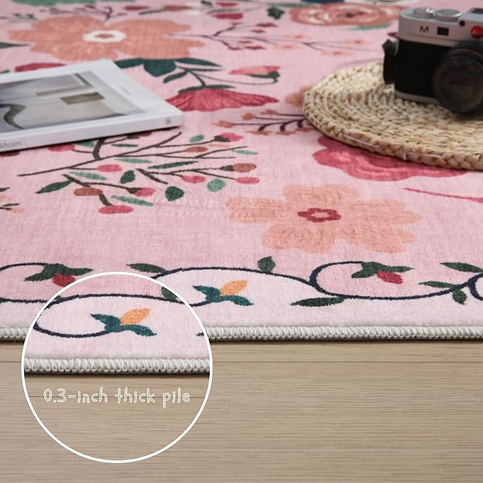 Rugcomf Area Rug 4x6 Rug Washable Boho Rugs Non Slip Low Pile Floral Small Carpet for Bedroom, Bedside, Kids Room, Office, Dining Room(Pink)
