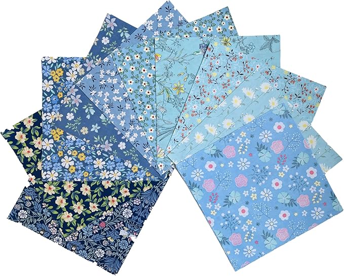 HANPATQUI 50PCS 10 x 10 inch Blue Printed 100% Cotton Fat Quarters Fabric for Sewing and Quilting Bundles Precut Fabric Square for DIY Craft Patchwork