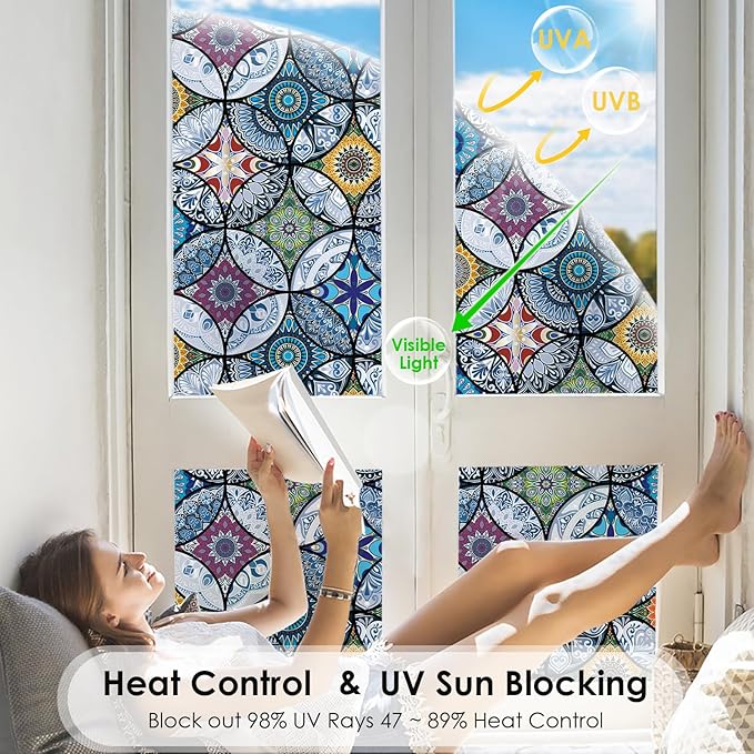 DKTIE Static Cling Decorative Window Film with Installation Tools Non Adhesive Privacy Film Stained Glass Window Film for Bathroom Shower Door Heat Cotrol Anti UV 17.7 x 118.1 Inch