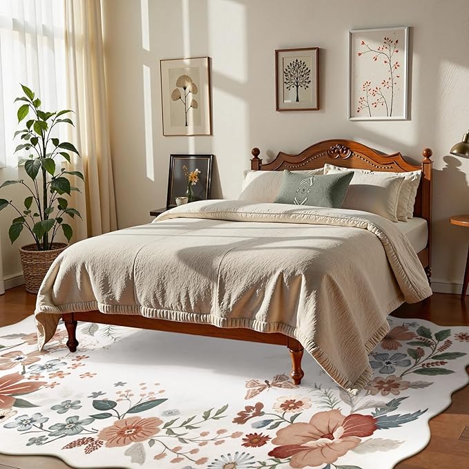 Beeiva Living Room Rugs 8x10 - Scalloped Floral Printed Soft Non Slip Washable Flower Rug for Bedroom Under Bed Boho Aesthetic Rugs Stain Resistant Large Carpet for Nursery Dorm(Beige,8x10ft)