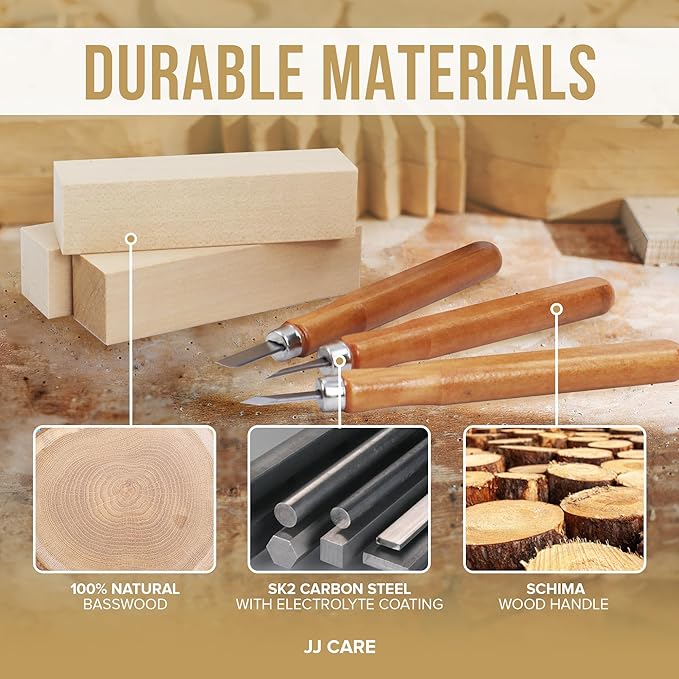 JJ CARE Wood Carving Kit [12 SK2 Wood Carving Knives with Case, 10 Basswood Carving Blocks, and 1 Grinding Stone] - Beginner Wood Carving Kit, Wood Carving Tools Set, Wood Carving Set for Kids