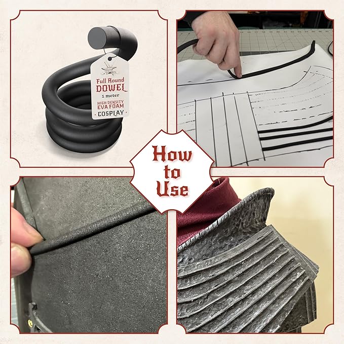 The Foamory's No Waste Full Round EVA Foam Dowels. 3 Pack 5-40mm x 1M High-Density Black Craft Foam Sticks. Pre-Cut, Paint-Ready Cosplay Trim. Time Saving, Bevel Enhances Armor, Weapons and Costumes