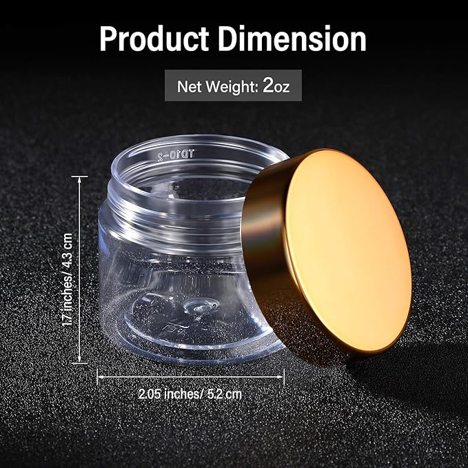 SATINIOR 24 Pieces Empty Clear Plastic Jars with Lids Round Storage Containers Wide-Mouth for Beauty Product Cosmetic Cream Lotion Liquid Butter Craft and Food (Gold Lid, 2 oz)