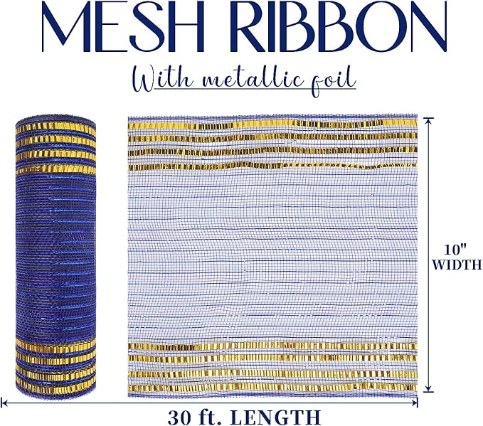 MEEDEE Navy Deco Mesh 10 Inch Deluxe Wide Foil Gold Border Mesh Metallic Mesh Fabric Navy Blue & Gold Mesh Ribbon for Christmas Tree, Wreaths, Garland, Gift Wrapping, Bows Making (30 Feet)