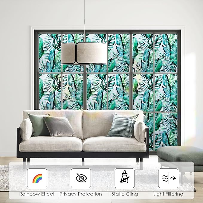 DKTIE Nature Pattern Rainbow Window Film Decorative Stained Glass Window Film Static Cling Films Easy Apply Removable Comes with Tools (U560-rainbow, 17.7" x 78.7")