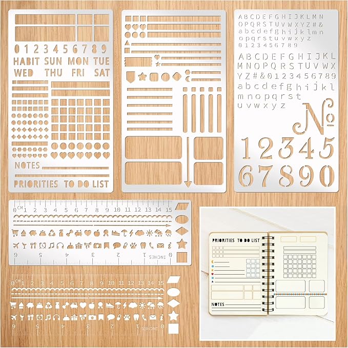4 Pieces Metal Planner Stencil Journal Engraving Stencils Rustproof Small Letter Metal Stencils for Journaling, Bookmarks, Rulers, Planners, Scrapbooks (Metal4)